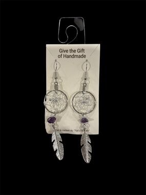 Silver Dreamcatcher Feather Earrings with Purple Bead
